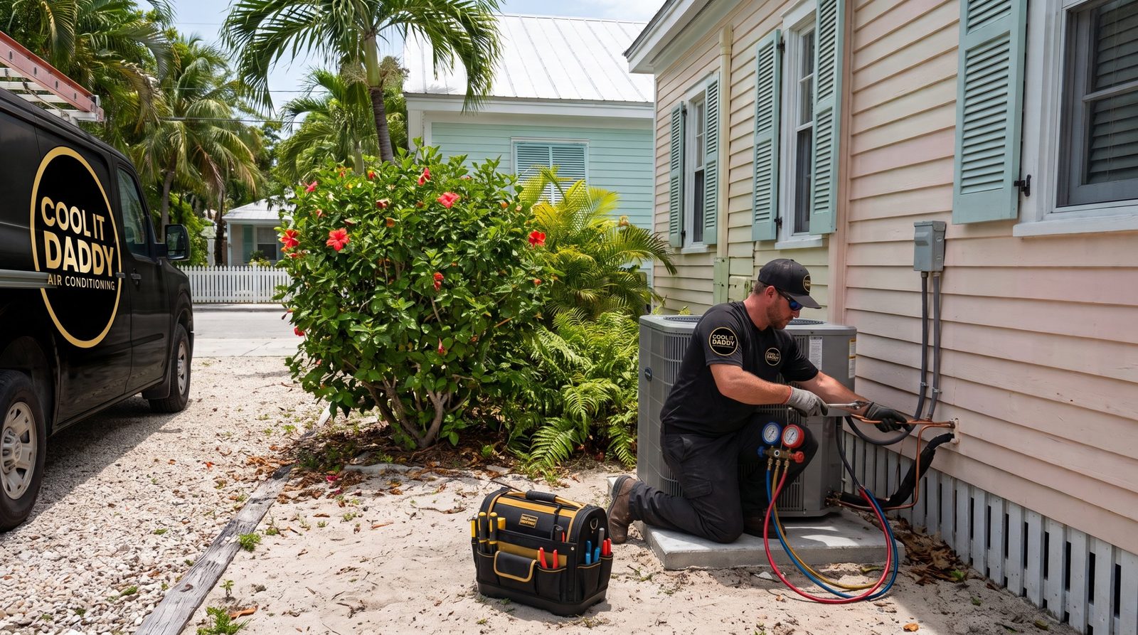 Cool It Daddy technician kneeling beside a central AC condenser behind a Key West style house, connecting gauges, with the company van parked nearby