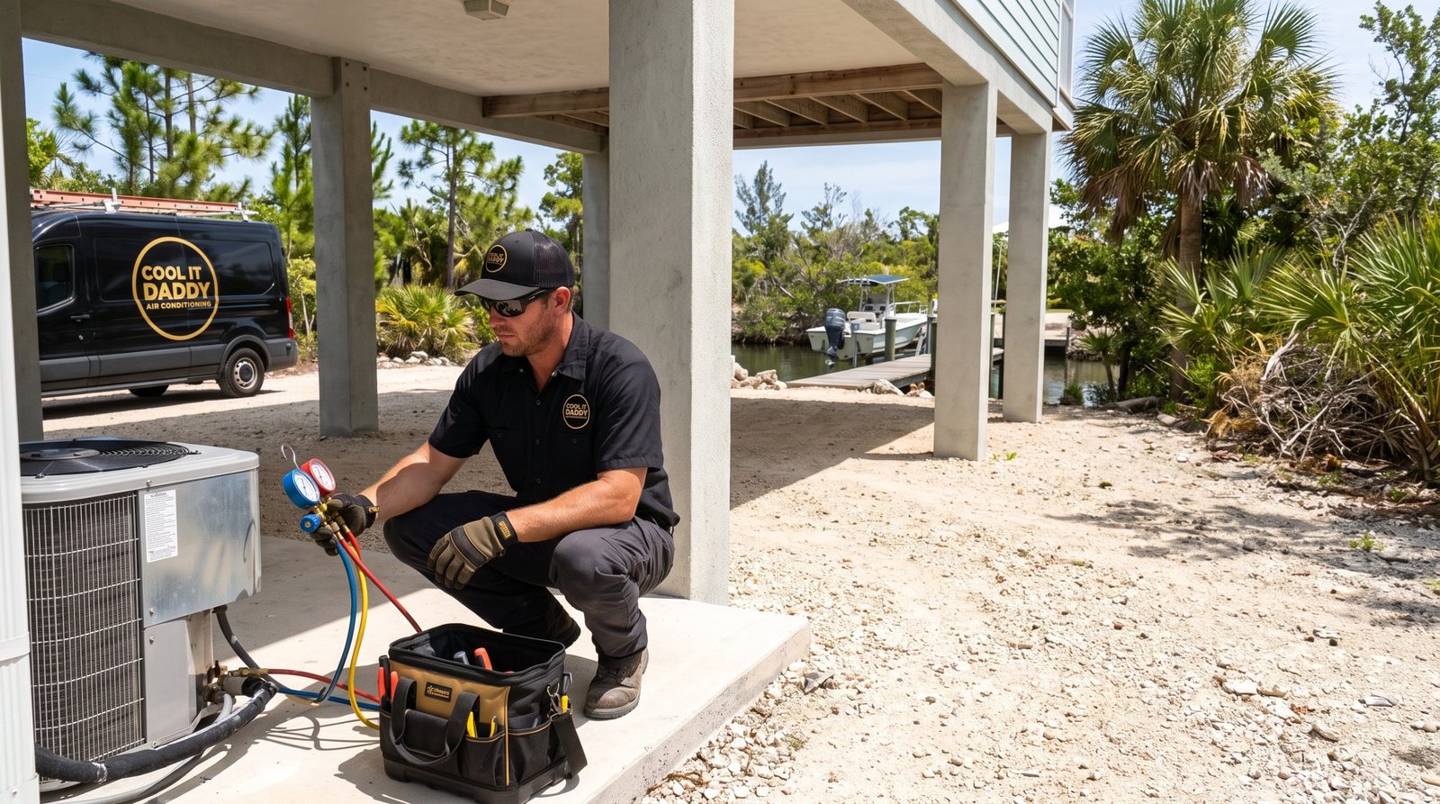 Cool It Daddy technician servicing an AC condenser under a stilt house on a Lower Keys canal, with the company van and a boat at the dock