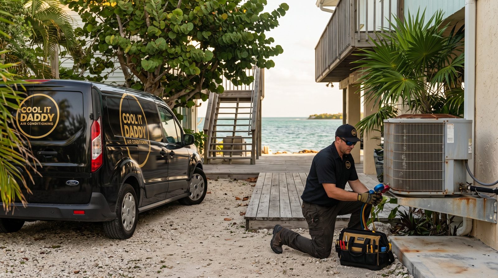 Cool It Daddy technician checking a salt-weathered AC condenser at an oceanfront Islamorada home, with the company van and the open water behind him