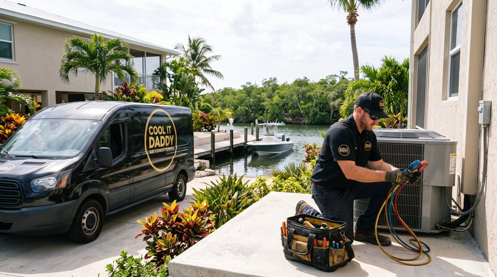 Cool It Daddy technician servicing an AC condenser beside a canal-front Key Largo home with a dock and boat, with the company van parked nearby