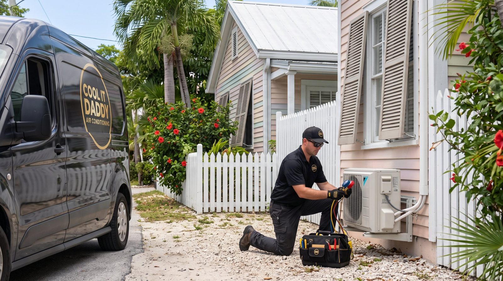 Cool It Daddy technician connecting gauges to a mini-split on a pastel Key West house with a white picket fence, with the company van at the curb