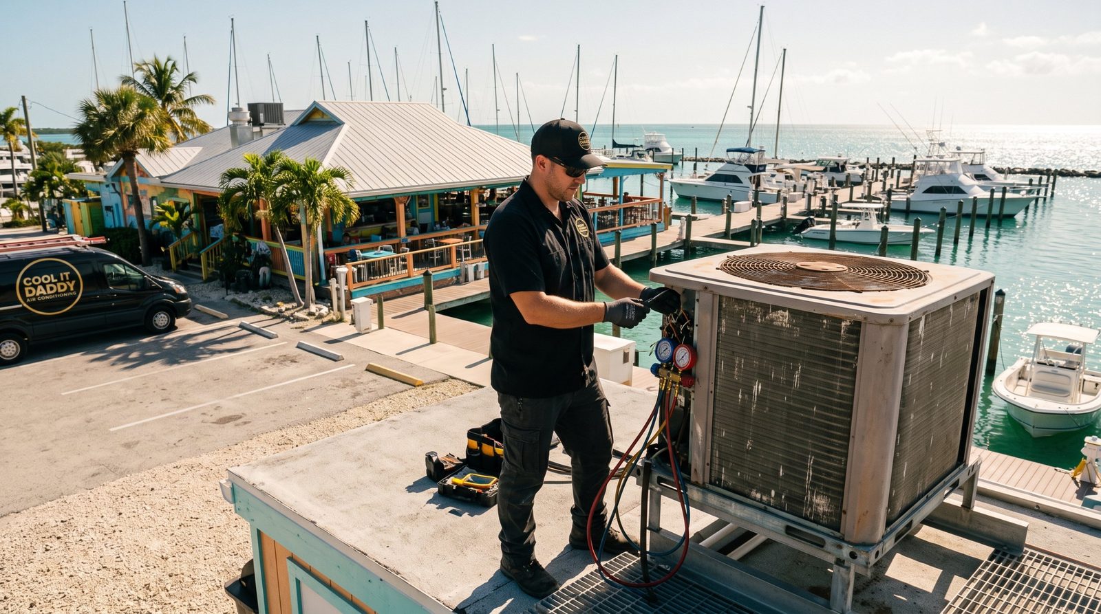 Cool It Daddy technician servicing a large commercial AC unit on the roof of a Marathon waterfront restaurant, with boats in the marina behind him