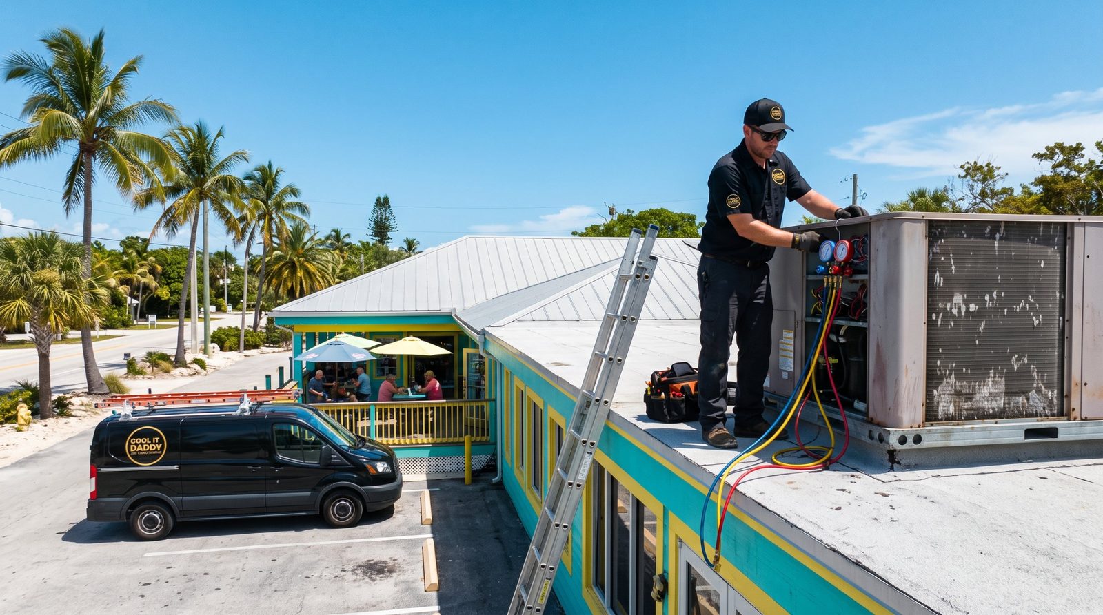 Cool It Daddy technician servicing a large rooftop AC unit on a colorful Florida Keys restaurant, with diners on the patio and the company van in the parking lot